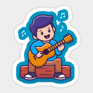 Cute Boy Playing Guitar Cartoon Sticker